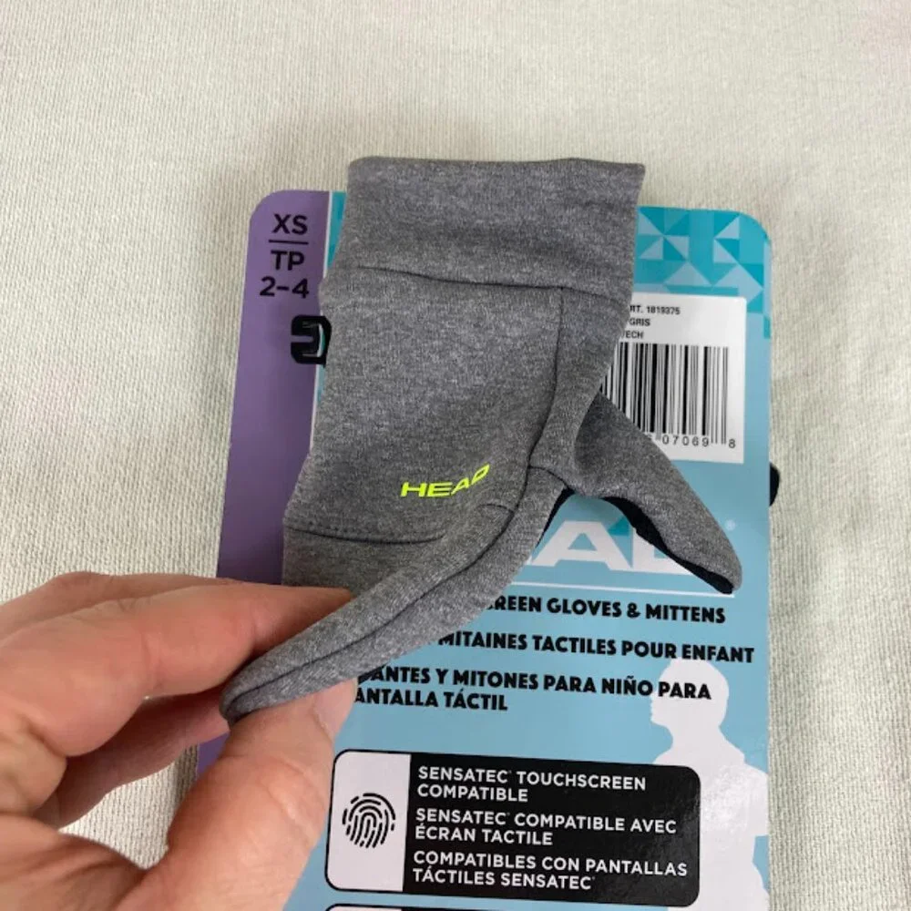 HEAD Kids Touchscreen Gloves Mittens XS 2-4 Gray Grip Fleece NWT